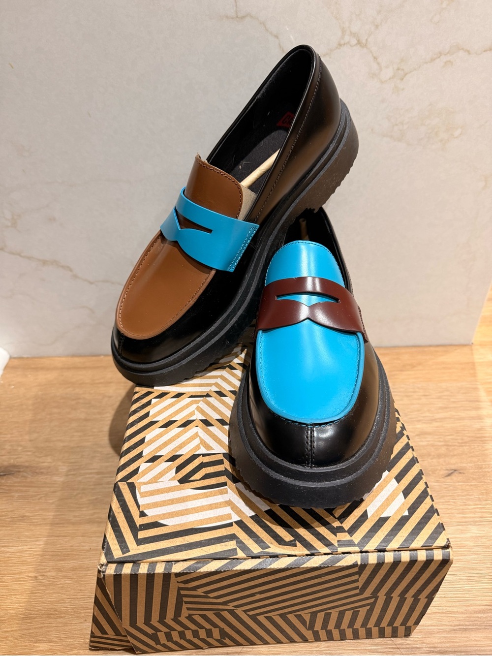 Camper Two-Tone Leather Penny Loafers in Turquoise, Brown & Black